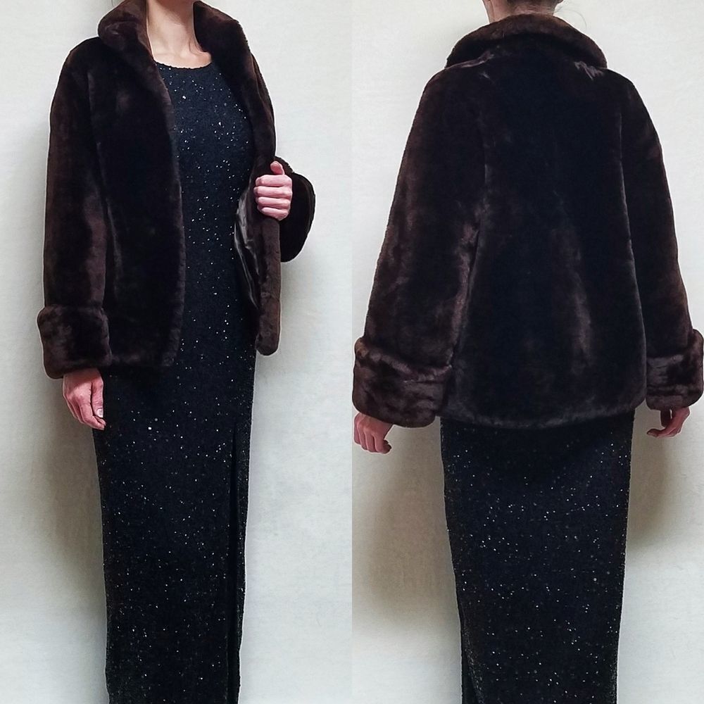 Vintage 1970s Chocolate Brown Shawl Collar Flare Sleeve Luxurious Mouton Coat